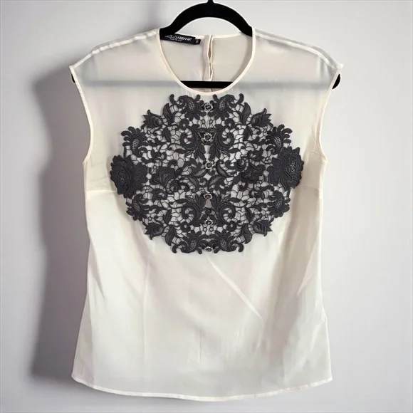 DOLCE & GABBANA Silk Black Lace Appliqué Crystal Embellished Cap Sleeve Blouse - Picture 15 of 17